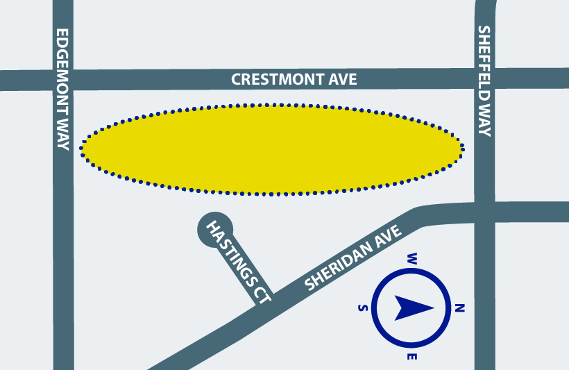 A highlighted project area sits east of Crestmont Avenue between Edgemont Way and Sheffield Way